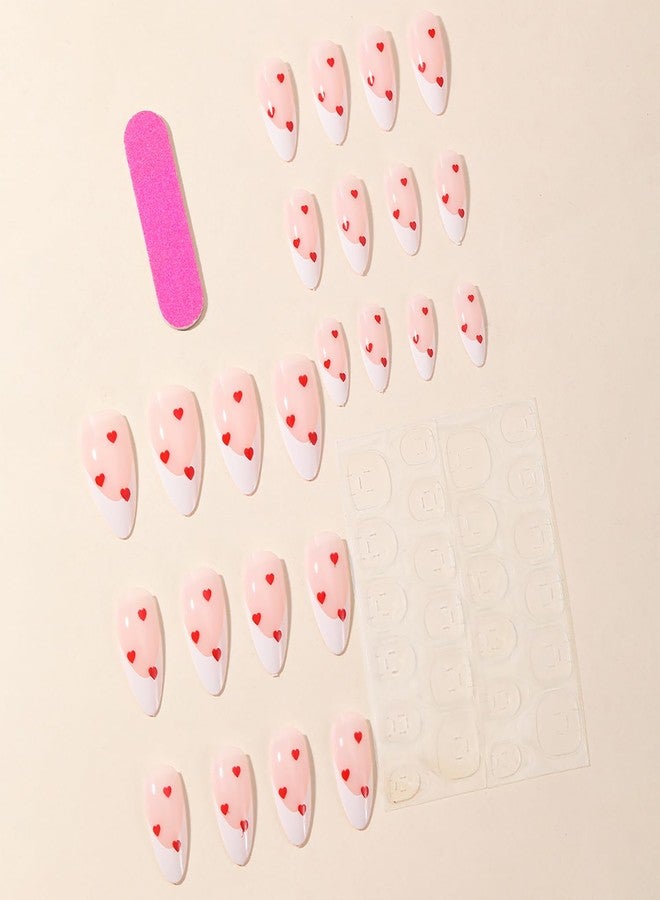 GRITOSE 24 Pcs Nude Valentines Press on Nails Almond Medium Fake Nails Full Cover French Tip False Nails Valentines Heart Nails Holiday Glue on Nail Artificial Reusable Stick on Nail for Women - Image 2